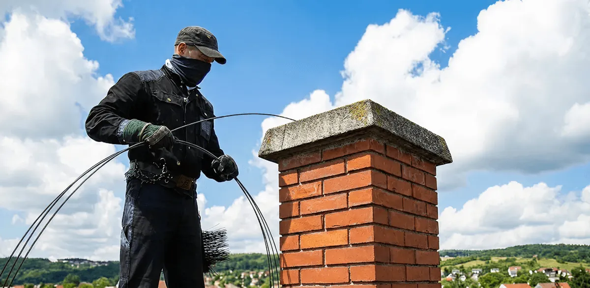 Chimney sweep cleaning a brick chimney with professional tools in Worcester, MA