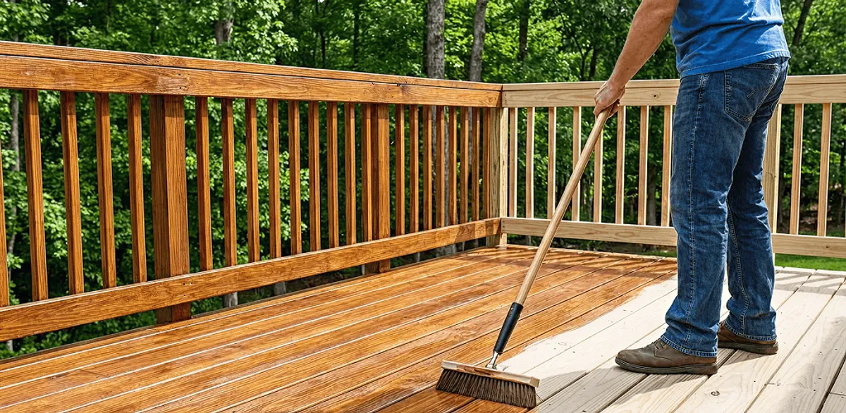Deck staining and sealing application on a wood deck in Worcester, MA
