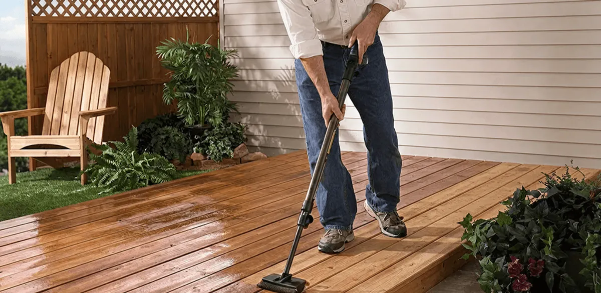 Deck staining service applying stain to a backyard wood deck in Worcester, MA